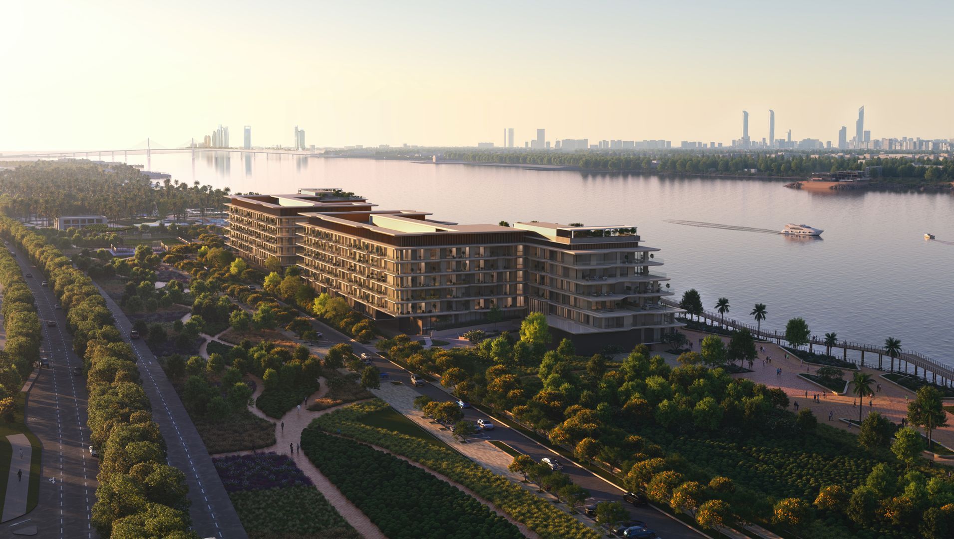 Waterfront residences in the evening light