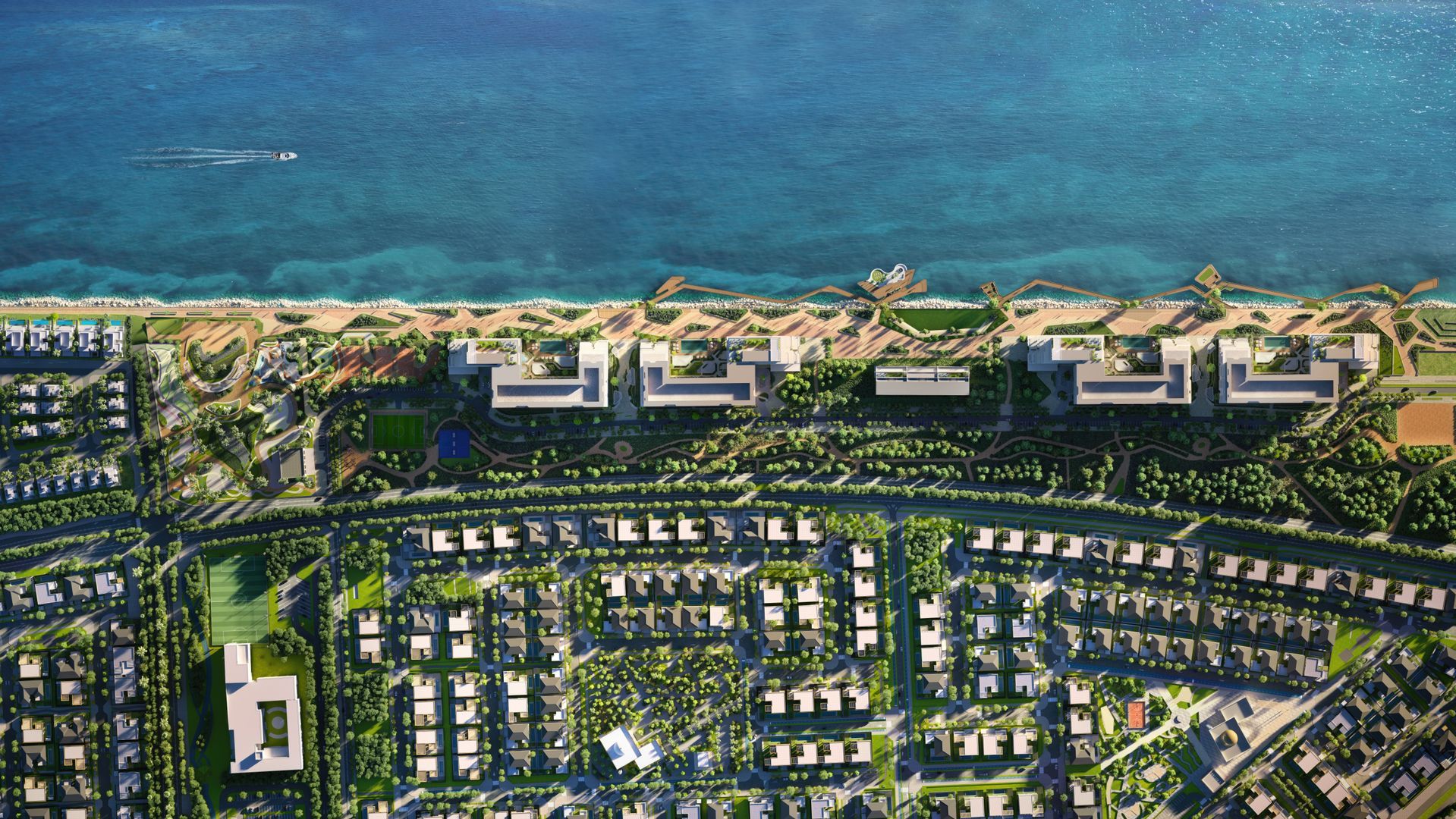Overhead view of the island coastline and residences