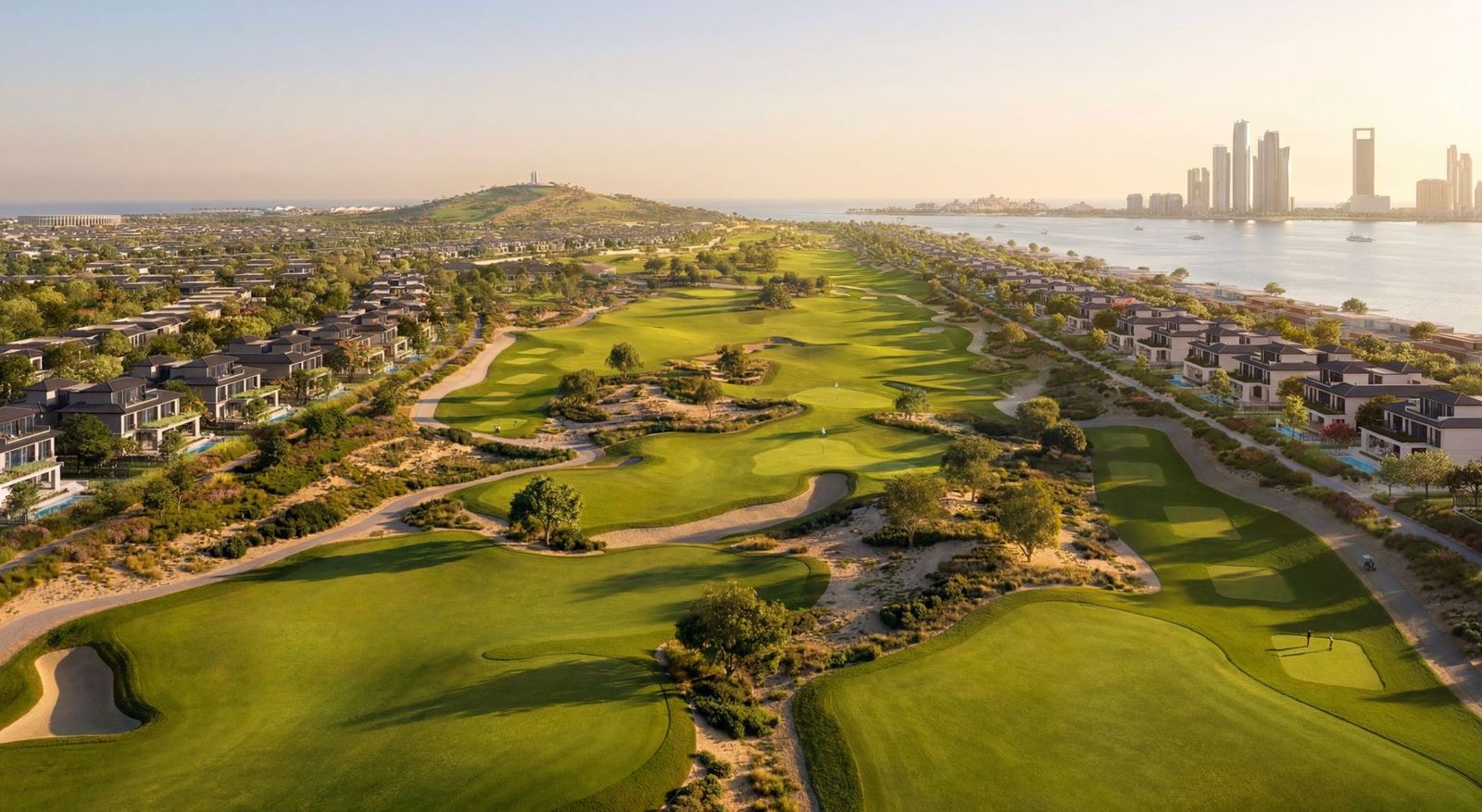 Aerial view along the 18-hole PGA Standard golf course with villas on either side