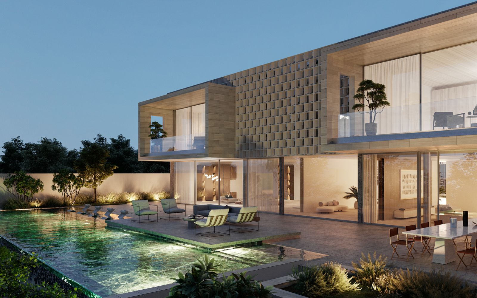Villa courtyard pool and dining terrace at dusk
