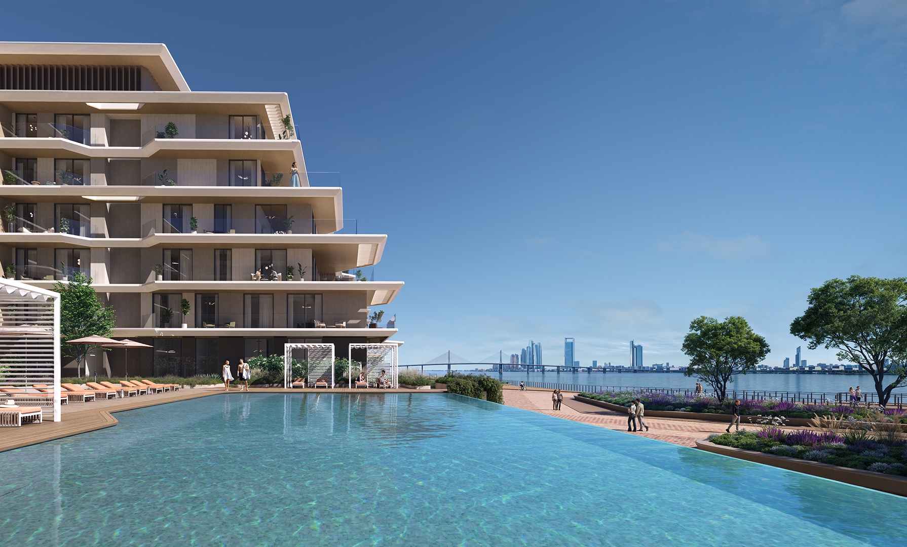 Waterfront swimming pool beside the residences