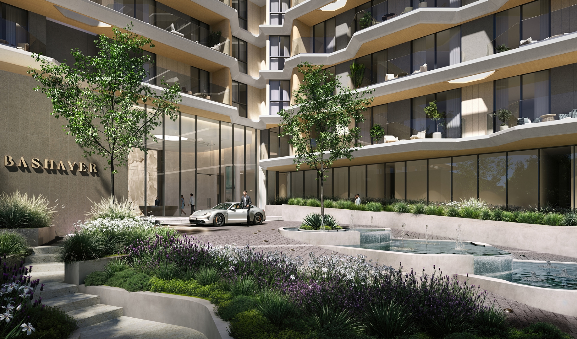 Landscaped courtyard between apartment buildings