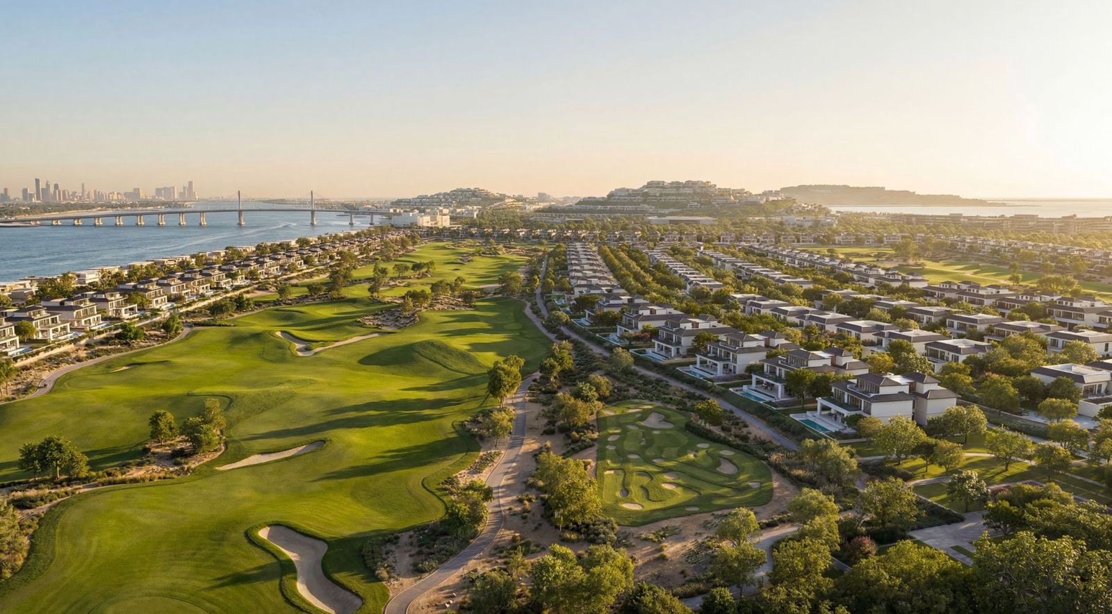 Aerial view of the golf community along the water